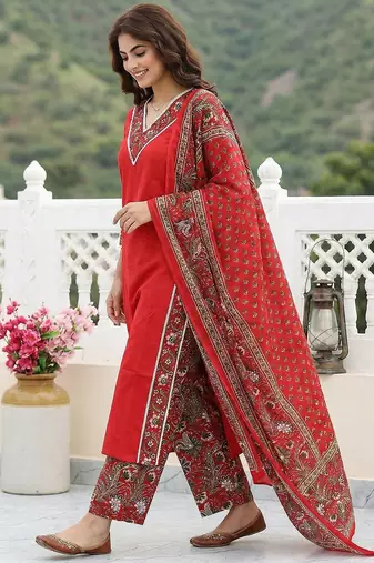 red pure cotton straight regular kurta set