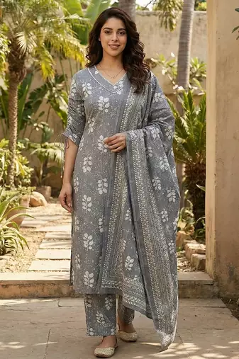 Anouk grey pure cotton straight regular kurta set