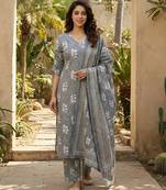 Anouk grey pure cotton straight regular kurta set