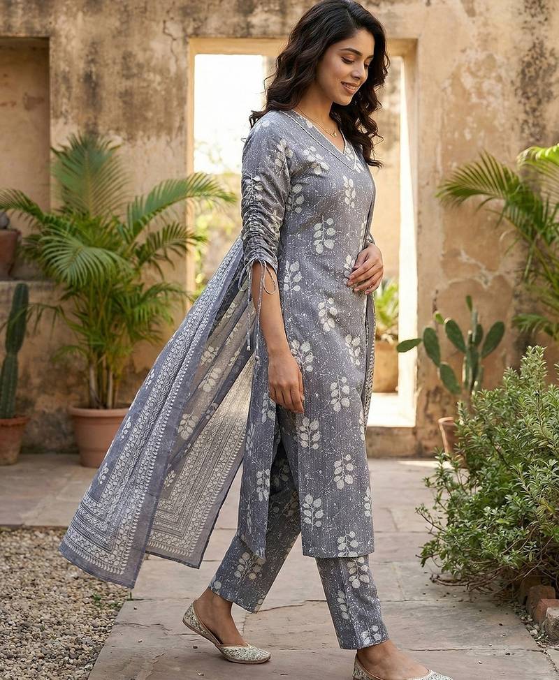Anouk grey pure cotton straight regular kurta set