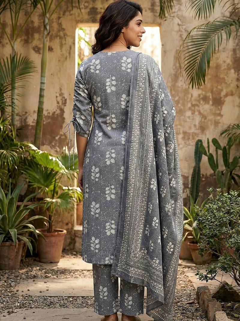 Anouk grey pure cotton straight regular kurta set