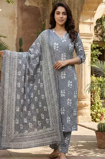 grey pure cotton straight regular kurta set