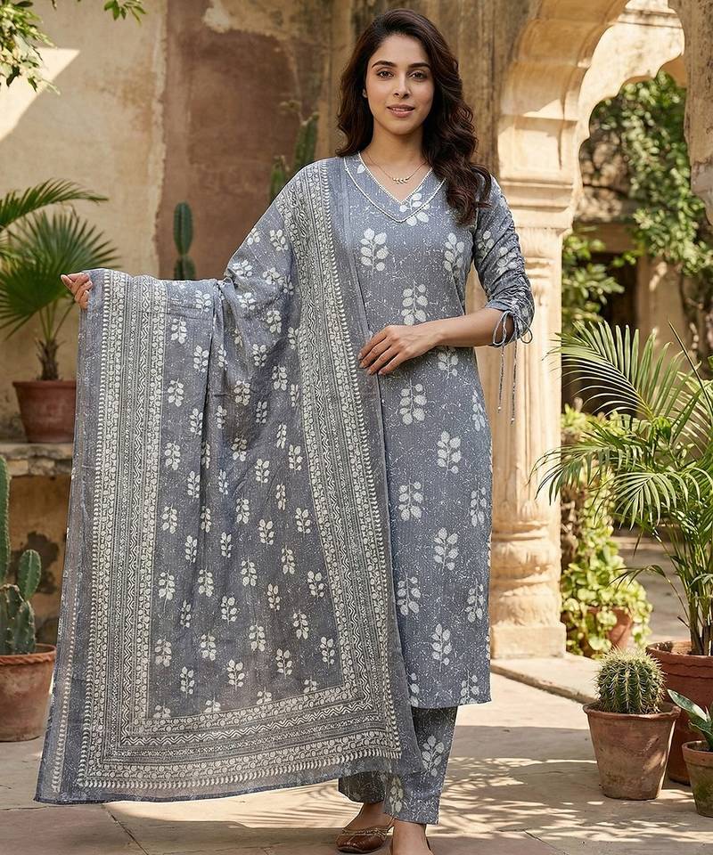 Anouk grey pure cotton straight regular kurta set