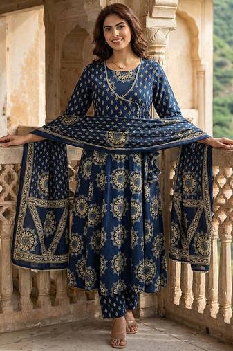 Anouk blue pure cotton anarkali angrakha kurta set