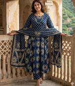 Anouk blue pure cotton anarkali angrakha kurta set