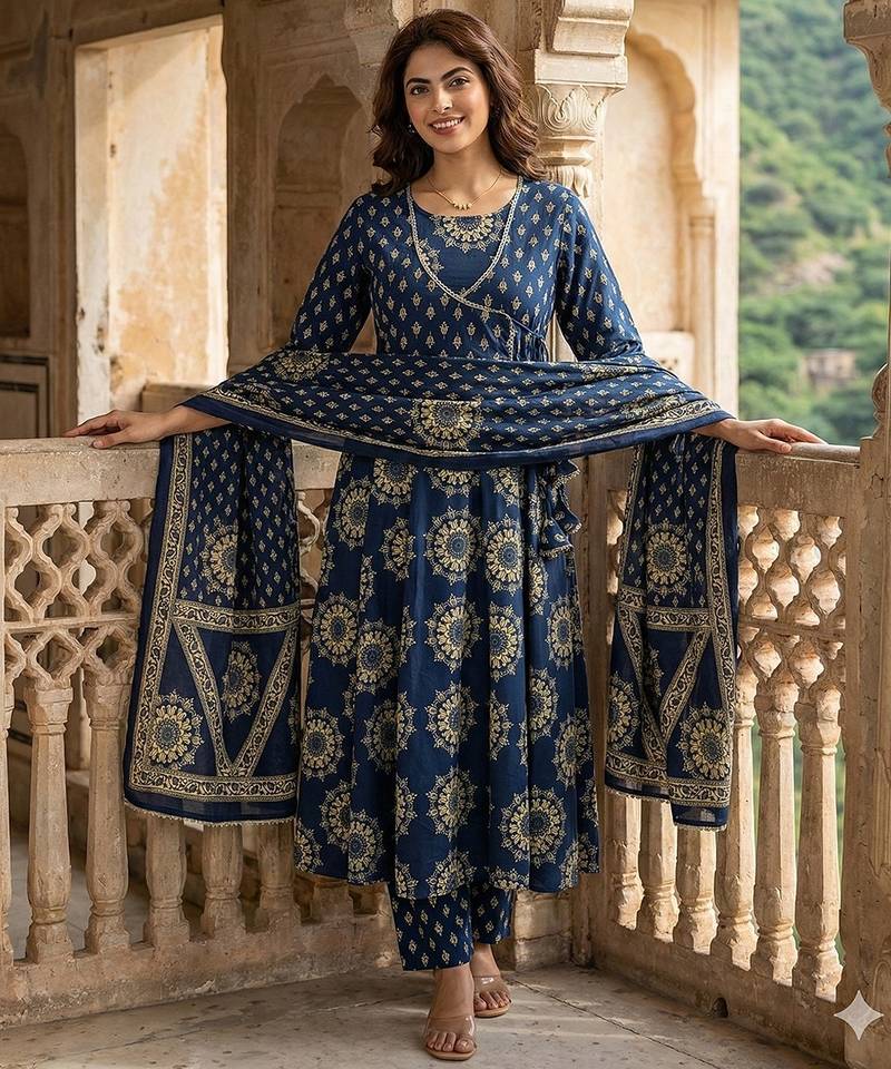 Anouk blue pure cotton anarkali angrakha kurta set