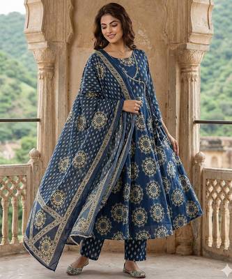 blue pure cotton anarkali angrakha kurta set 2