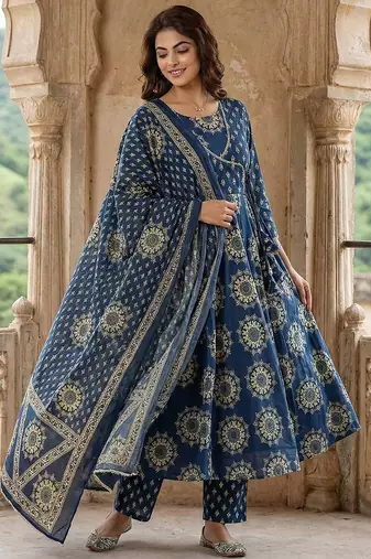 blue pure cotton anarkali angrakha kurta set