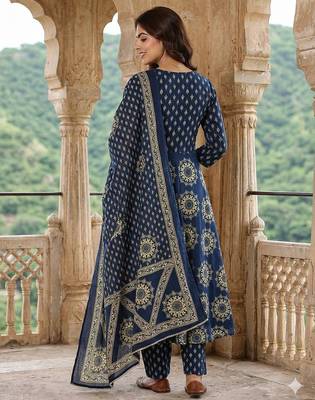 blue pure cotton anarkali angrakha kurta set 3