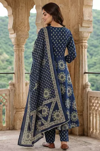 blue pure cotton anarkali angrakha kurta set