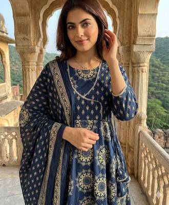 blue pure cotton anarkali angrakha kurta set 4