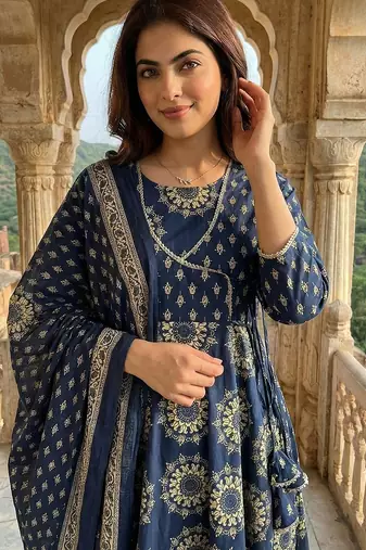 blue pure cotton anarkali angrakha kurta set