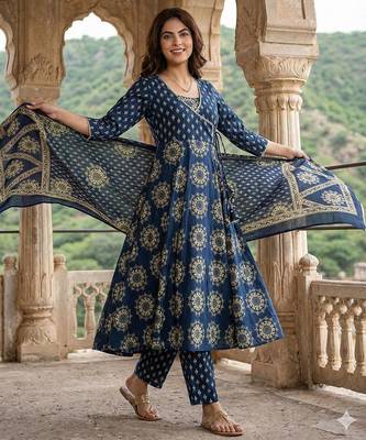 blue pure cotton anarkali angrakha kurta set 5