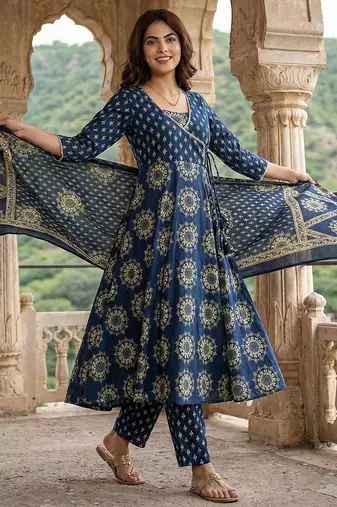 blue pure cotton anarkali angrakha kurta set