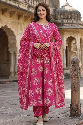 Anouk pink pure cotton anarkali angrakha kurta set