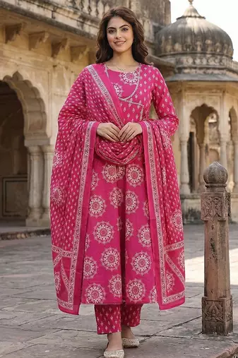 Anouk pink pure cotton anarkali angrakha kurta set