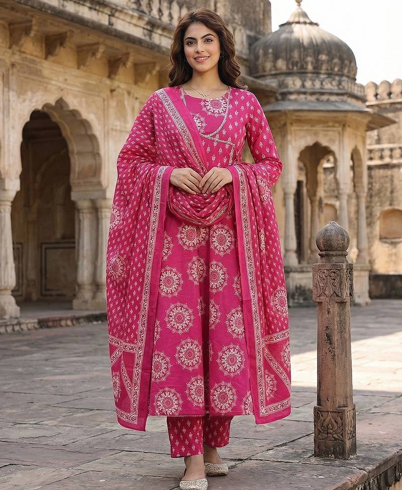 Anouk pink pure cotton anarkali angrakha kurta set