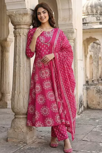 pink pure cotton anarkali angrakha kurta set