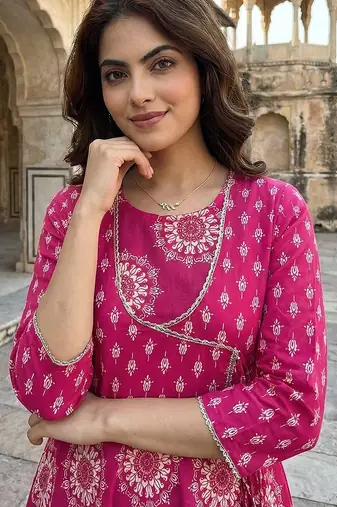 pink pure cotton anarkali angrakha kurta set