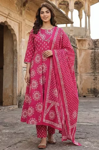 pink pure cotton anarkali angrakha kurta set