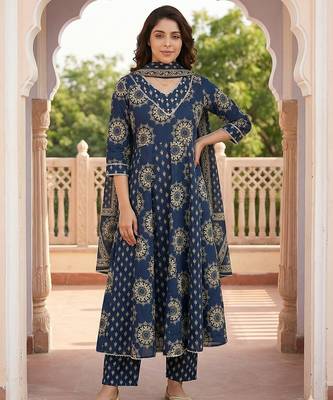 blue pure cotton anarkali regular kurta set 1