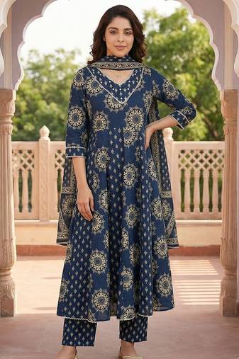 Anouk blue pure cotton anarkali regular kurta set