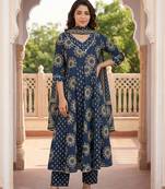 Anouk blue pure cotton anarkali regular kurta set