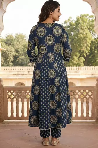 blue pure cotton anarkali regular kurta set