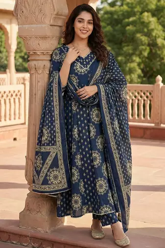blue pure cotton anarkali regular kurta set