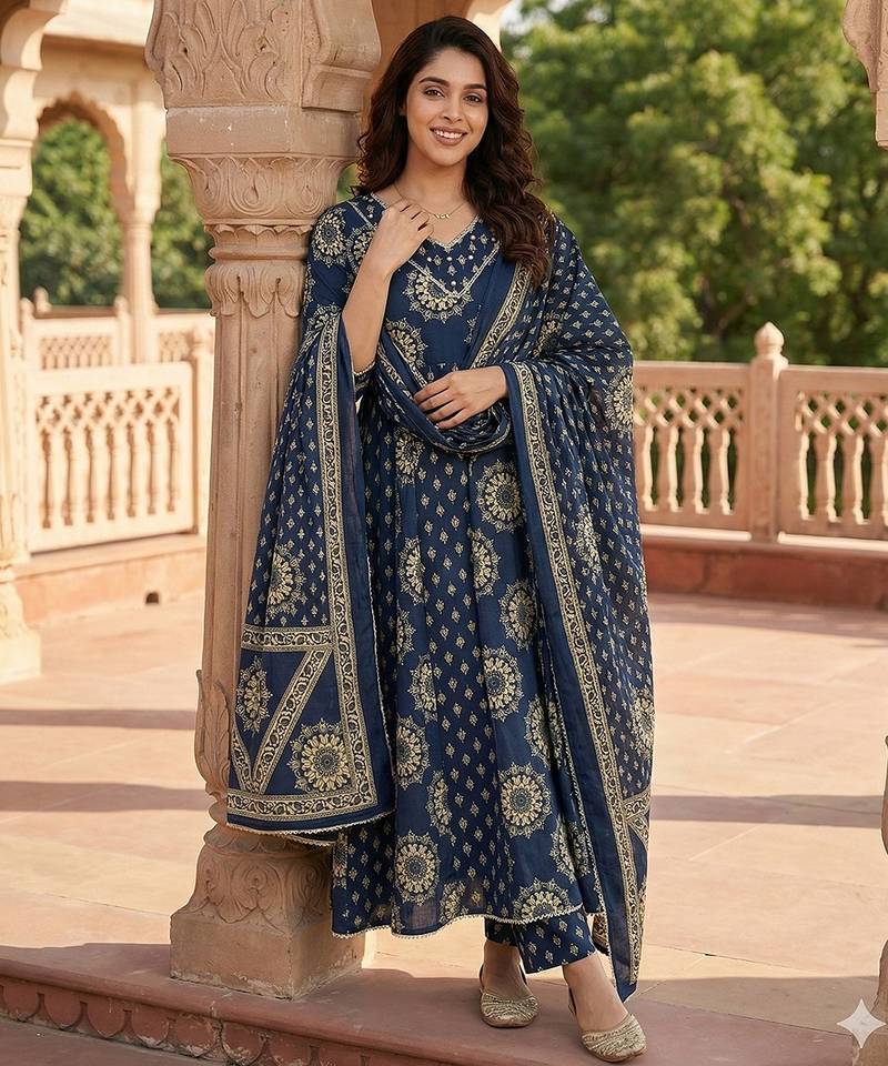 Anouk blue pure cotton anarkali regular kurta set