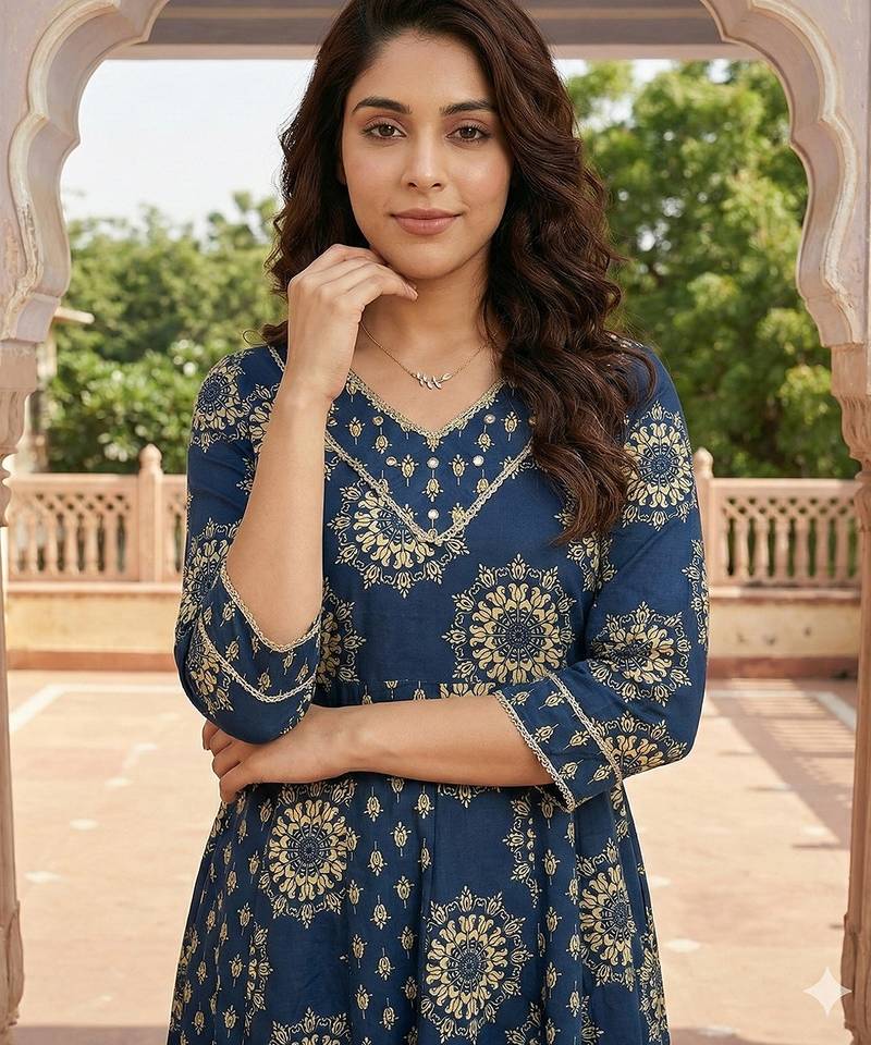 Anouk blue pure cotton anarkali regular kurta set