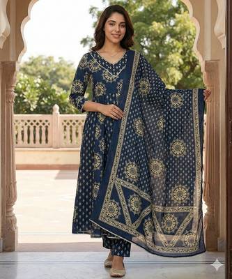 blue pure cotton anarkali regular kurta set 5