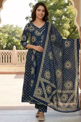 blue pure cotton anarkali regular kurta set