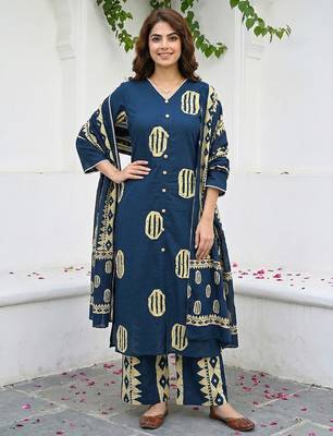 blue and cream pure cotton straight regular kurta set 1