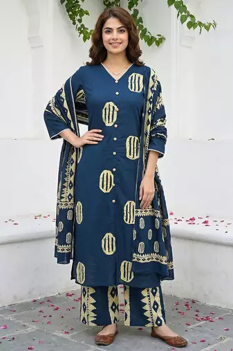 Anouk blue and cream pure cotton straight regular kurta set
