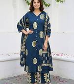 Anouk blue and cream pure cotton straight regular kurta set