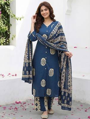 blue and cream pure cotton straight regular kurta set 2