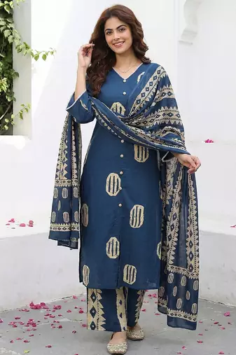 blue and cream pure cotton straight regular kurta set