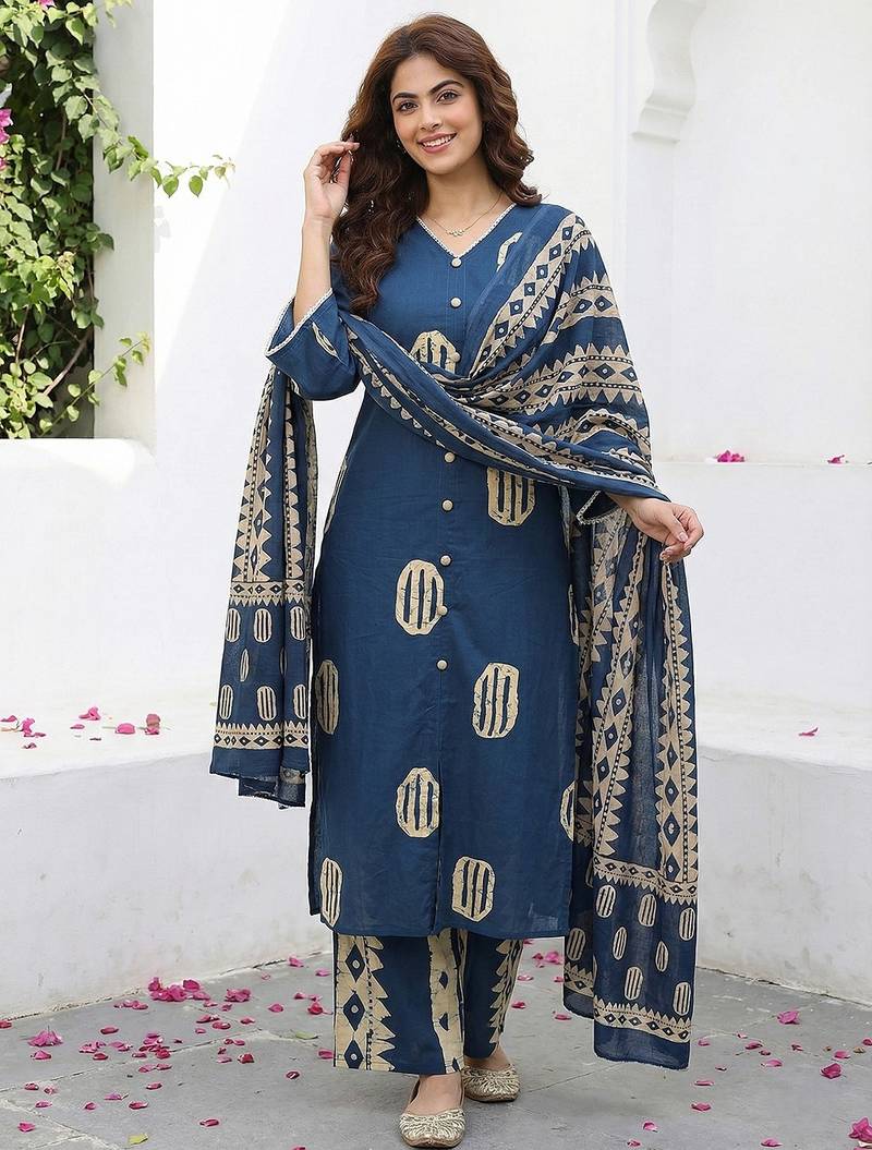 Anouk blue and cream pure cotton straight regular kurta set
