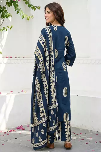blue and cream pure cotton straight regular kurta set