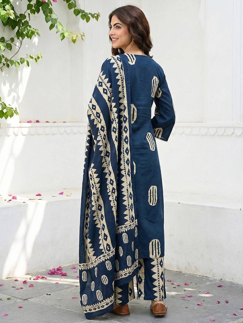 Anouk blue and cream pure cotton straight regular kurta set