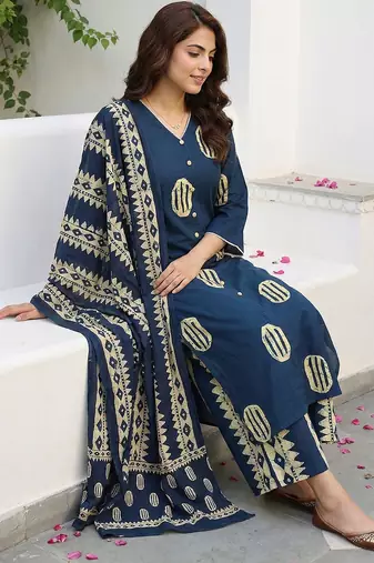 blue and cream pure cotton straight regular kurta set