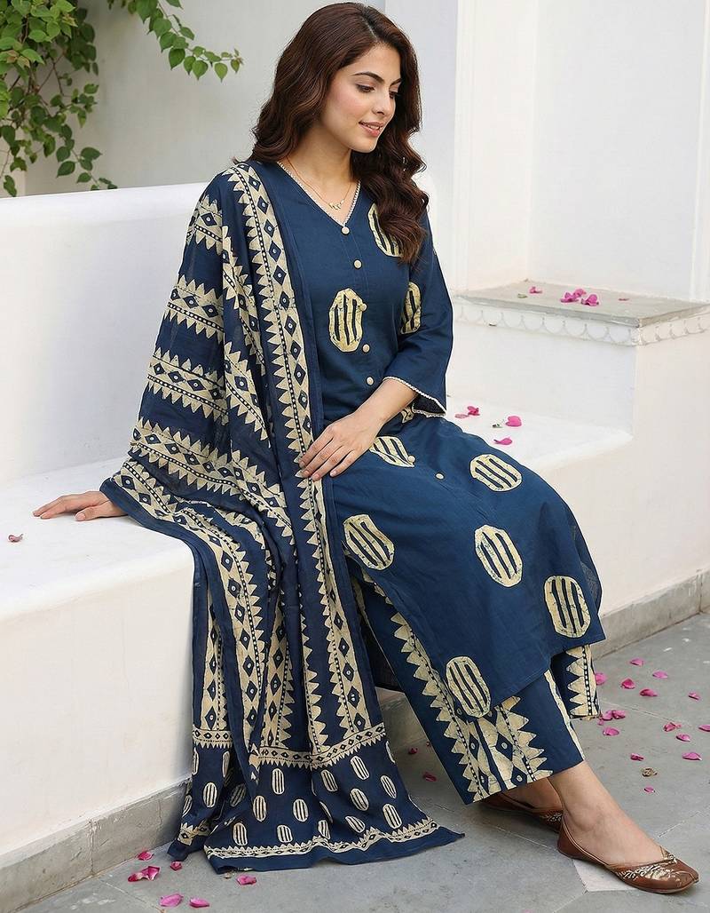 Anouk blue and cream pure cotton straight regular kurta set