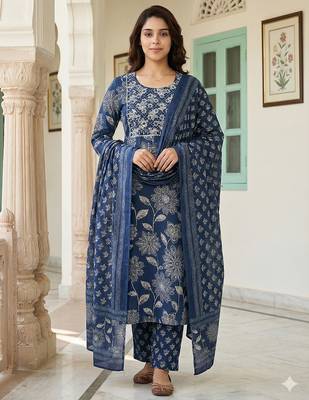 blue pure cotton straight regular kurta set 1