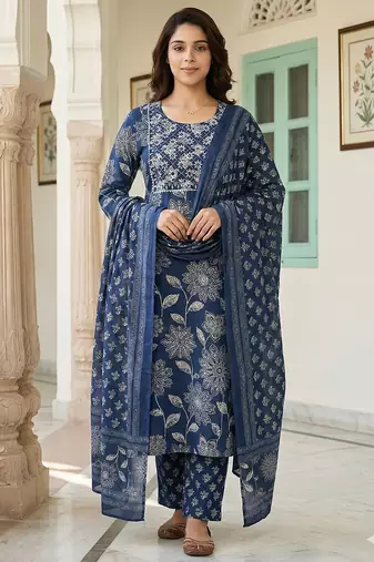 Anouk blue pure cotton straight regular kurta set