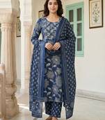 Anouk blue pure cotton straight regular kurta set