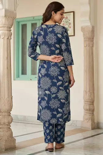 blue pure cotton straight regular kurta set