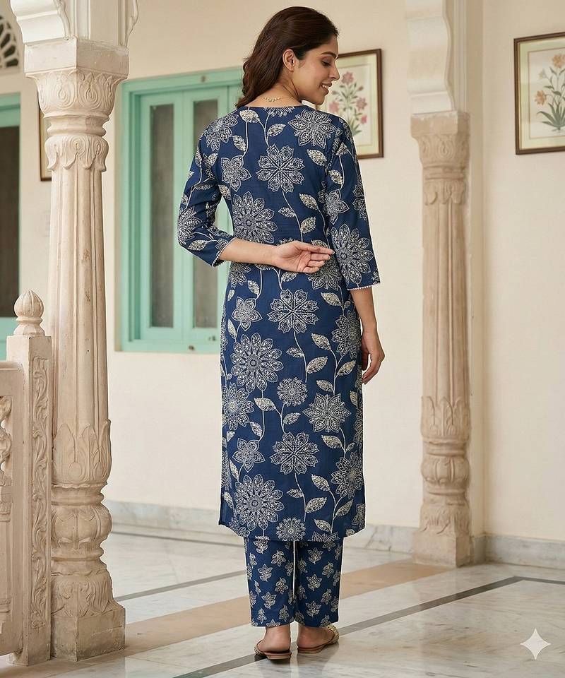 Anouk blue pure cotton straight regular kurta set