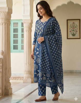 blue pure cotton straight regular kurta set 3
