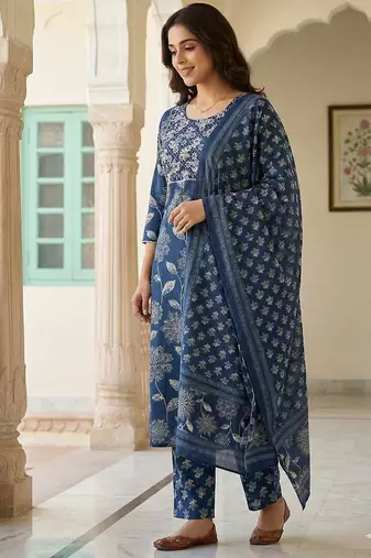 blue pure cotton straight regular kurta set